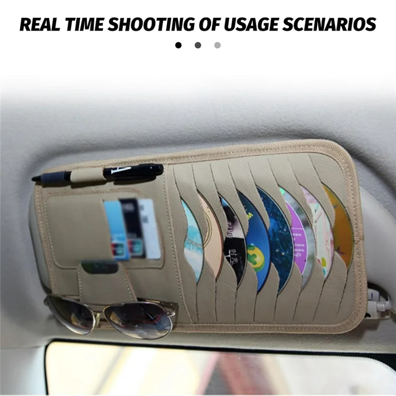 Car Sun Visor Multifunctional Card Organizer PU Leather CD Storage Case Sunglasses Clip Pen Holder - Black