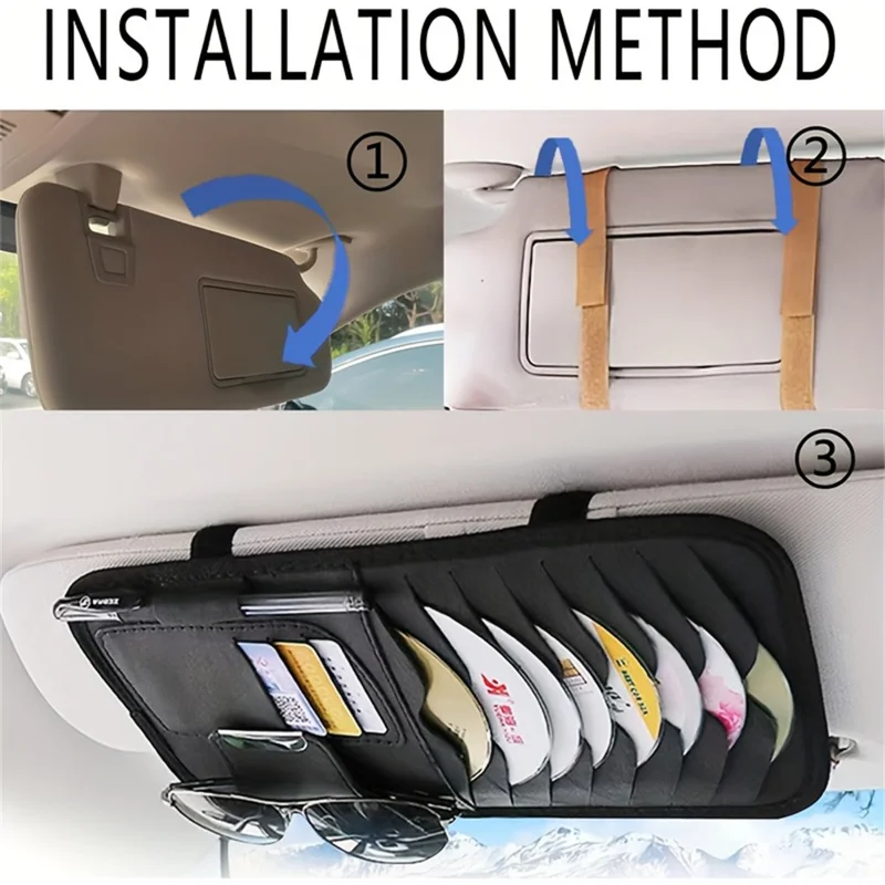 Car Sun Visor Multifunctional Card Organizer PU Leather CD Storage Case Sunglasses Clip Pen Holder - Black