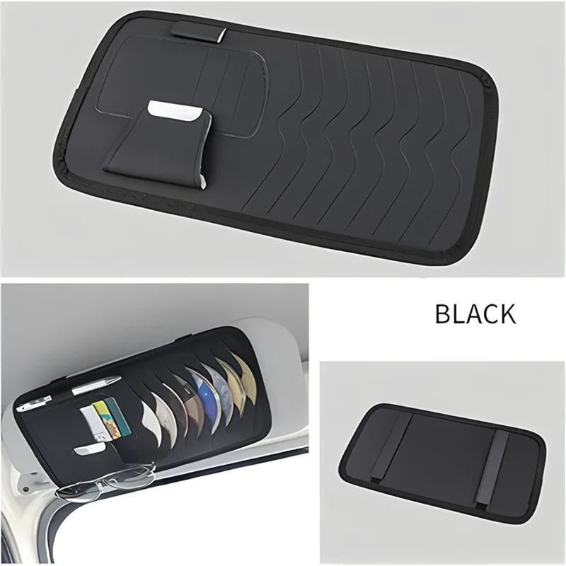Car Sun Visor Multifunctional Card Organizer PU Leather CD Storage Case Sunglasses Clip Pen Holder - Black