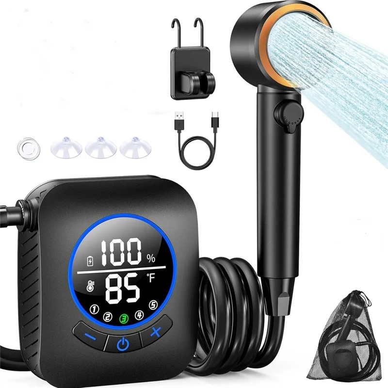Smart LCD Display Portable Shower Built-in 8000mAh Battery IPX8 Waterproof 5 Speeds Camping Bathing Set