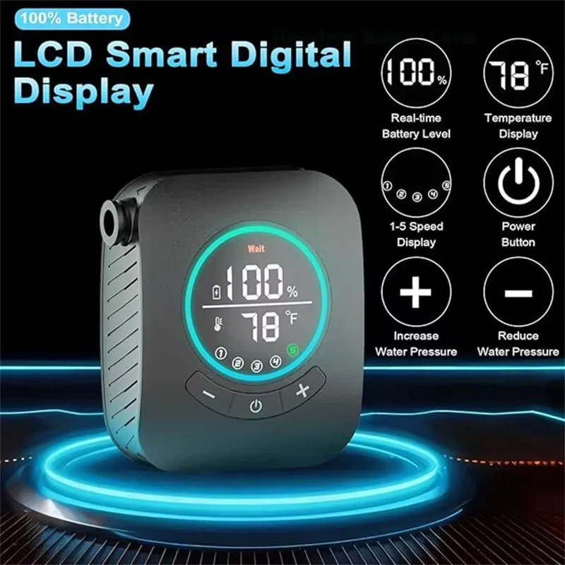 Smart LCD Display Portable Shower Built-in 8000mAh Battery IPX8 Waterproof 5 Speeds Camping Bathing Set