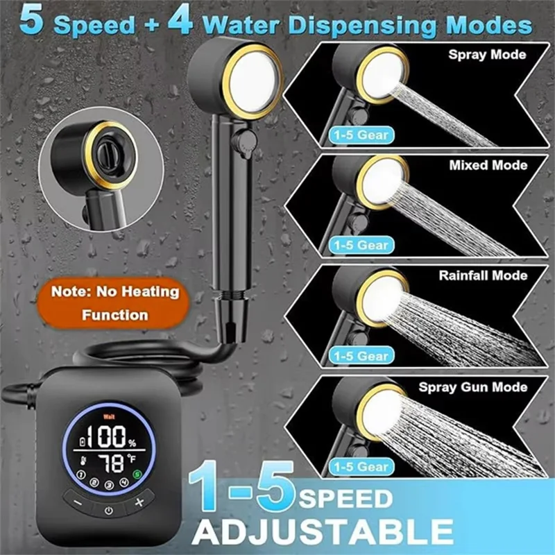 Smart LCD Display Portable Shower Built-in 8000mAh Battery IPX8 Waterproof 5 Speeds Camping Bathing Set