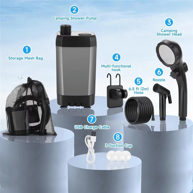 Portable Electric Shower Pump Built-in 6000mAh Battery IPX7 Waterproof 4 Modes Camping Bathing Set - Grey