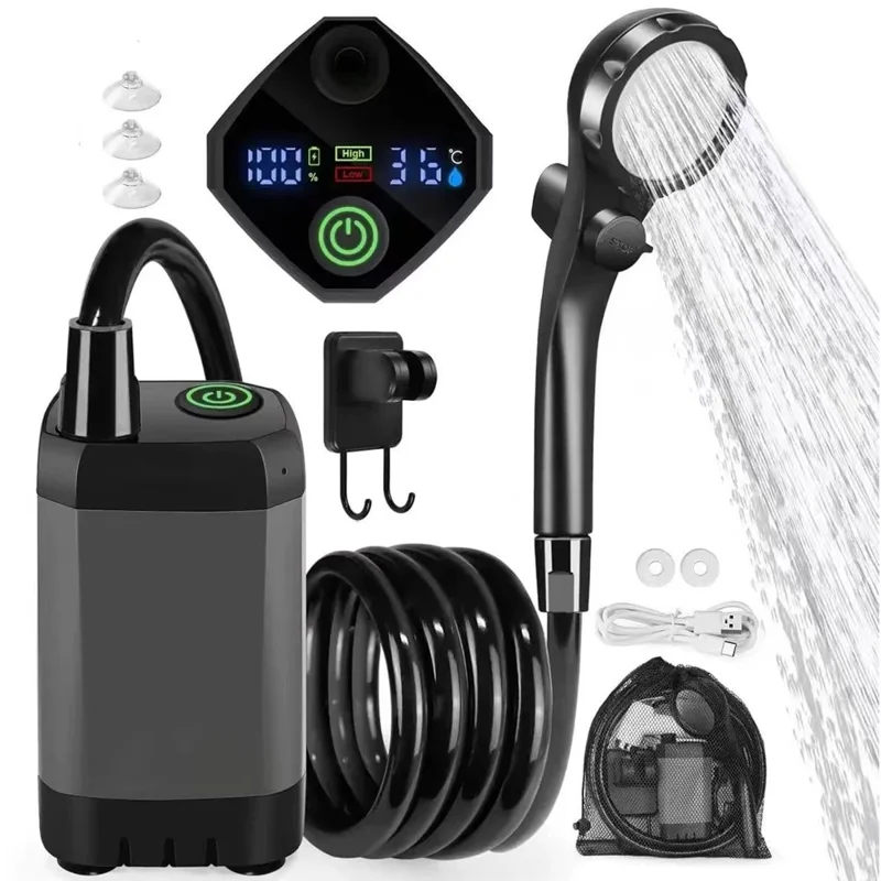 Portable Electric Shower Pump Built-in 6000mAh Battery IPX7 Waterproof 4 Modes Camping Bathing Set - Grey