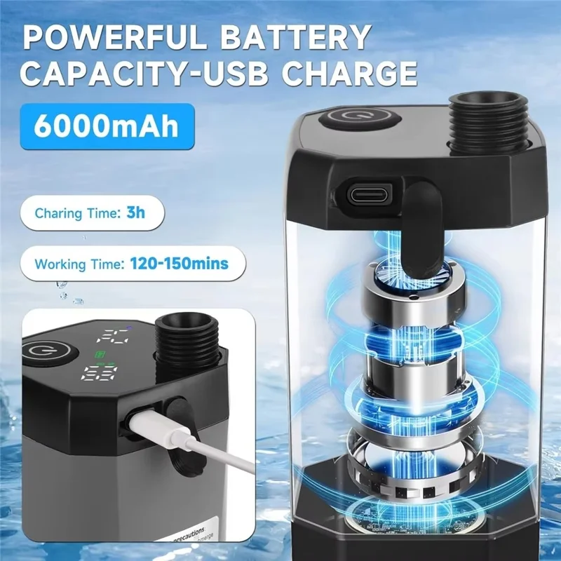 Portable Electric Shower Pump Built-in 6000mAh Battery IPX7 Waterproof 4 Modes Camping Bathing Set - Grey