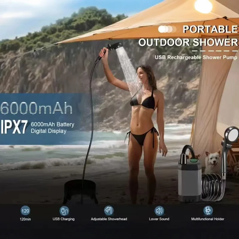 Portable Electric Shower Pump Built-in 6000mAh Battery IPX7 Waterproof 4 Modes Camping Bathing Set - Grey