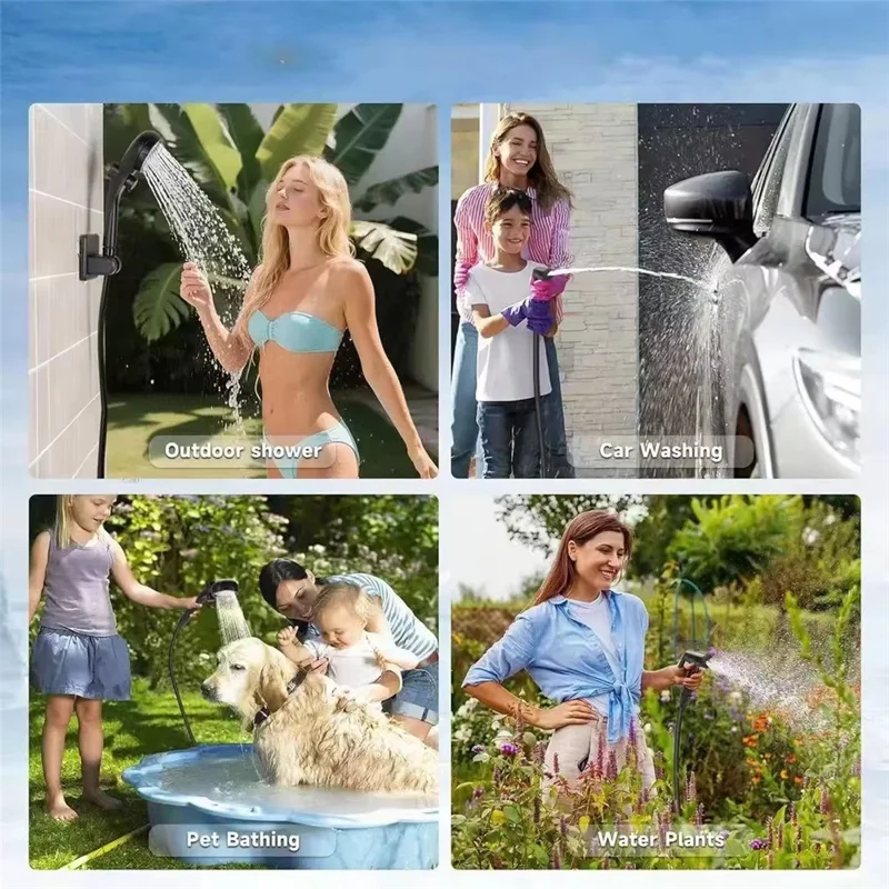 Portable Electric Shower Pump Built-in 6000mAh Battery IPX7 Waterproof 4 Modes Camping Bathing Set - Grey