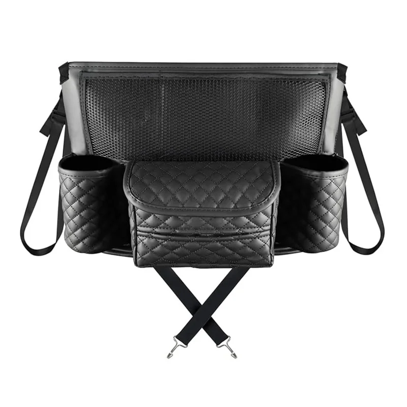 Car Seat Back Organizer PU Leather Multi-Pocket Storage Bag with Cup Holders for Vehicle Interior - Black