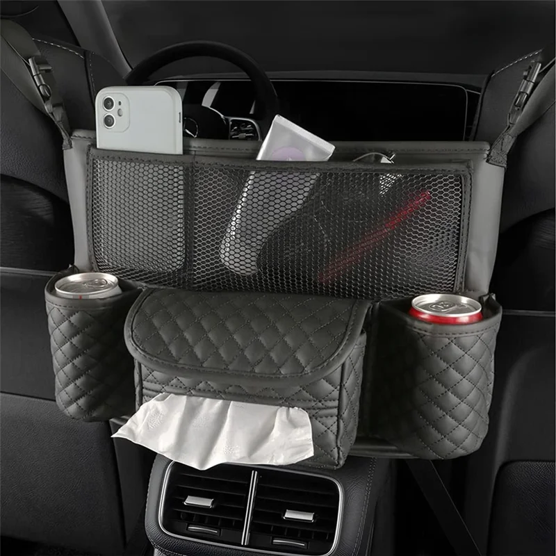 Car Seat Back Organizer PU Leather Multi-Pocket Storage Bag with Cup Holders for Vehicle Interior - Black