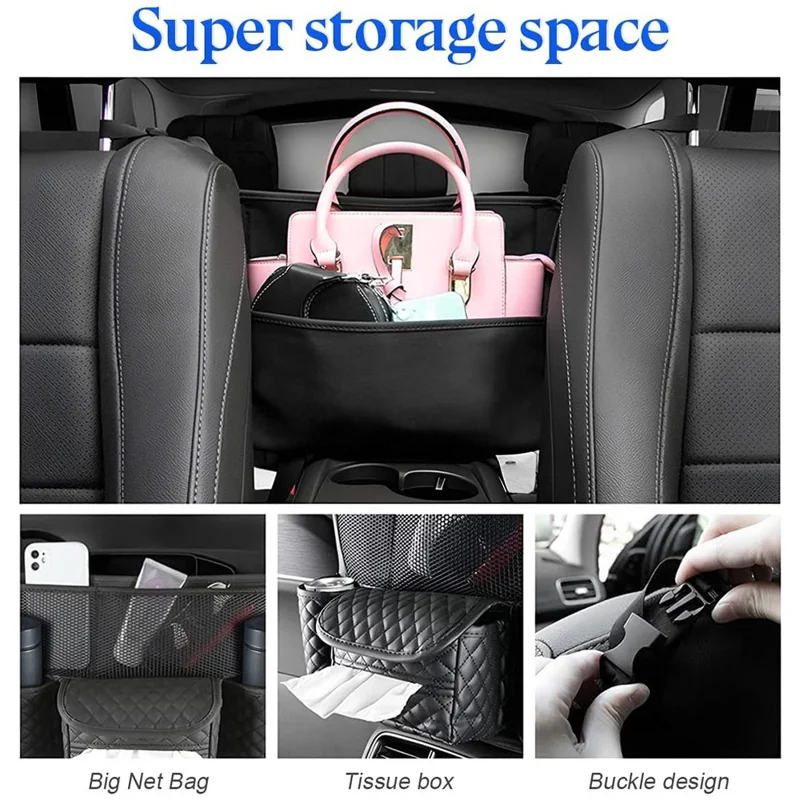 Car Seat Back Organizer PU Leather Multi-Pocket Storage Bag with Cup Holders for Vehicle Interior - Black