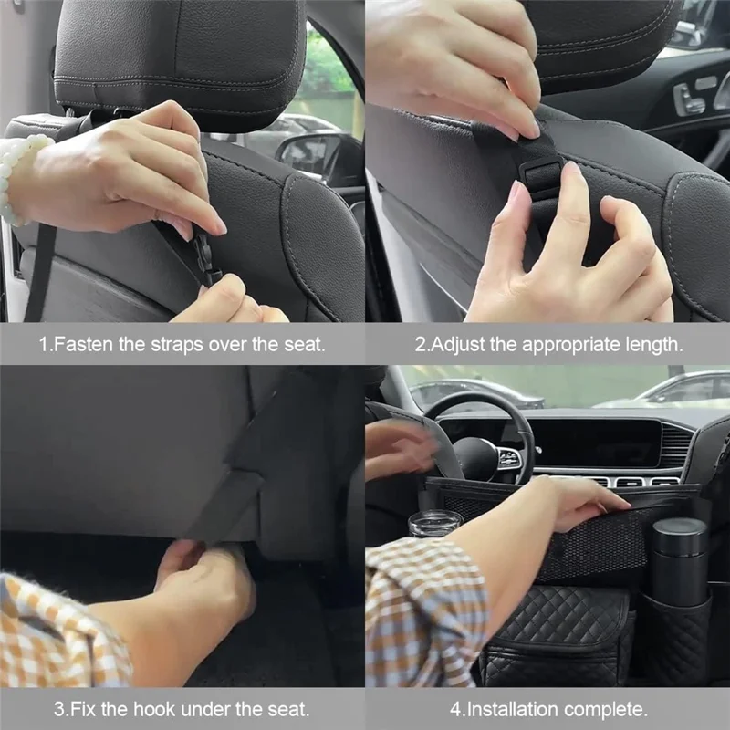 Car Seat Back Organizer PU Leather Multi-Pocket Storage Bag with Cup Holders for Vehicle Interior - Black