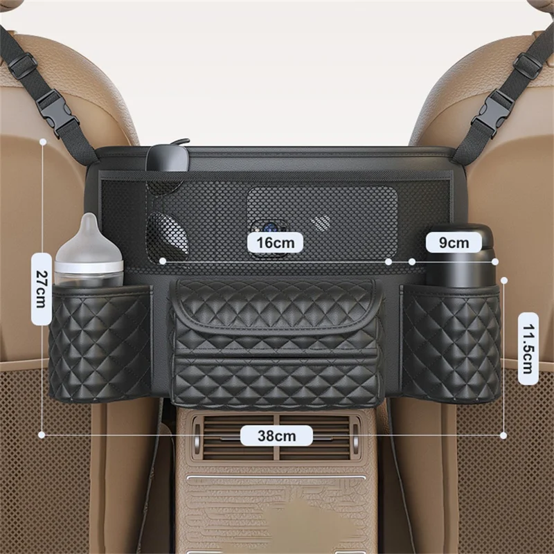 Car Seat Back Organizer PU Leather Multi-Pocket Storage Bag with Cup Holders for Vehicle Interior - Black