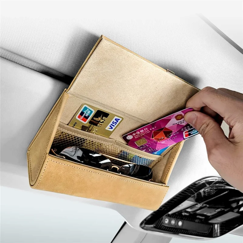 Große Auto-Sonnenblenden-Organizer-Box aus Wildleder, Clip-on, magnetische Brille- und Kartenhülle – Beige