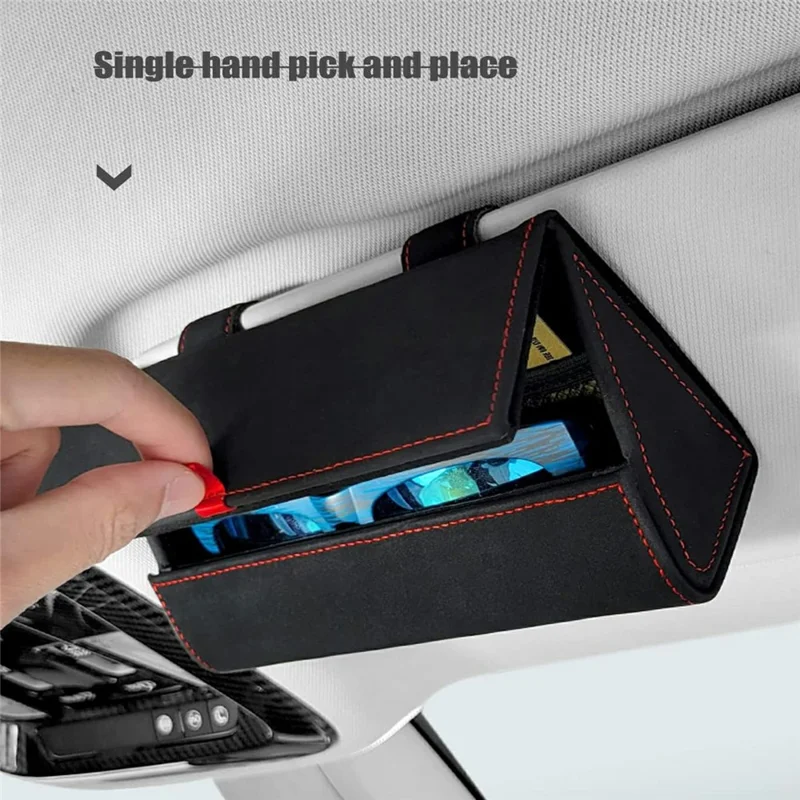 Große Auto-Sonnenblenden-Organizer-Box aus Wildleder, Clip-on, magnetische Brille- und Kartenhülle – Beige