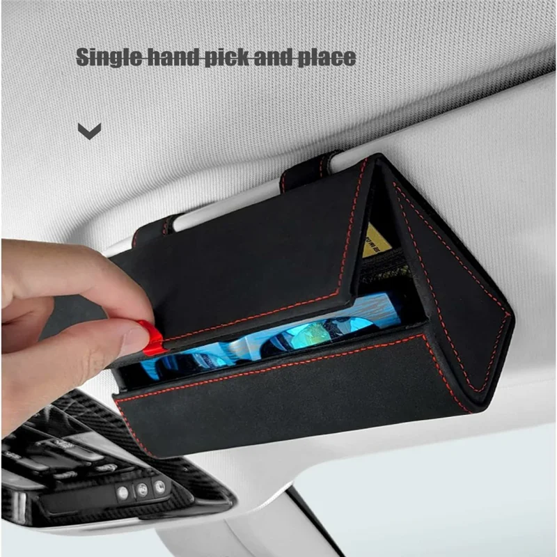 Caja organizadora de gran tamaño para parasol de coche, funda magnética con clip de gamuza para gafas y tarjetas - Negro