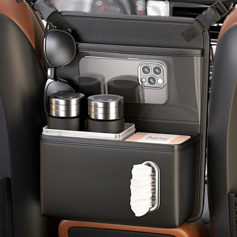 Sac organisateur arrière de siège de voiture avec fenêtre tactile transparente en cuir PU, sac suspendu à plusieurs poches avec porte-mouchoirs - Noir