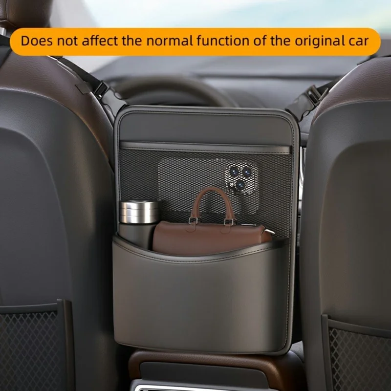 Sac organisateur arrière de siège de voiture avec fenêtre tactile transparente en cuir PU, sac suspendu à plusieurs poches avec porte-mouchoirs - Noir