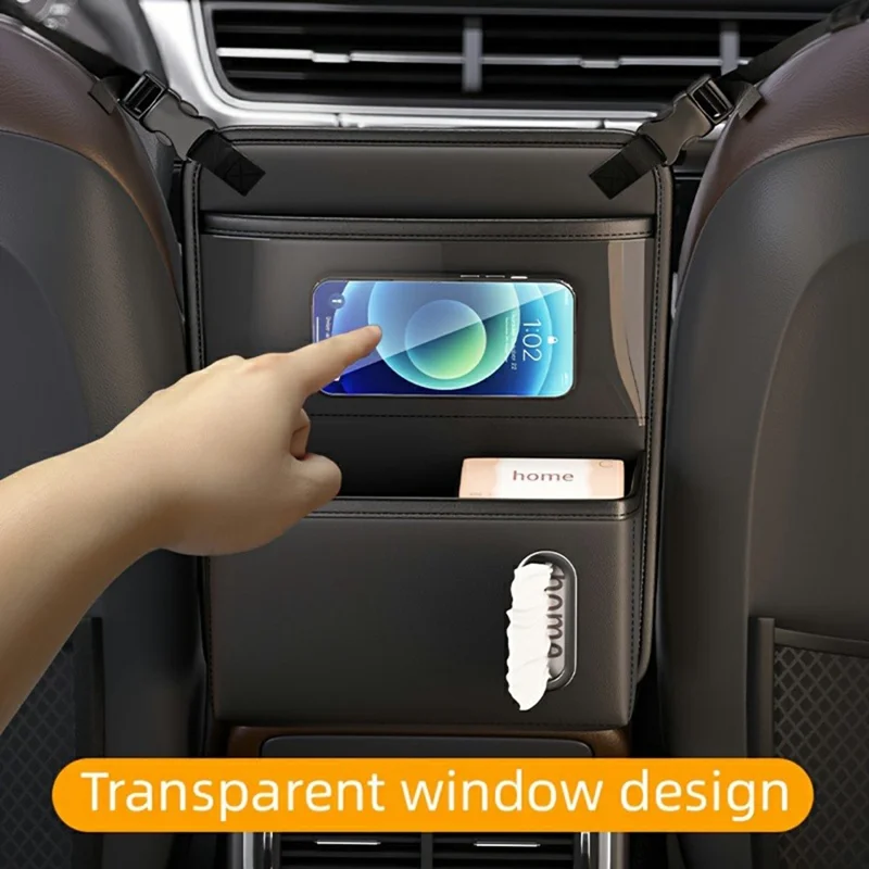Sac organisateur arrière de siège de voiture avec fenêtre tactile transparente en cuir PU, sac suspendu à plusieurs poches avec porte-mouchoirs - Noir