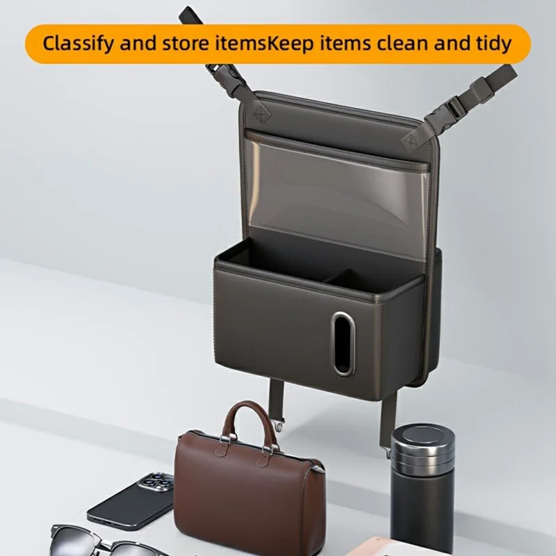 Sac organisateur arrière de siège de voiture avec fenêtre tactile transparente en cuir PU, sac suspendu à plusieurs poches avec porte-mouchoirs - Noir