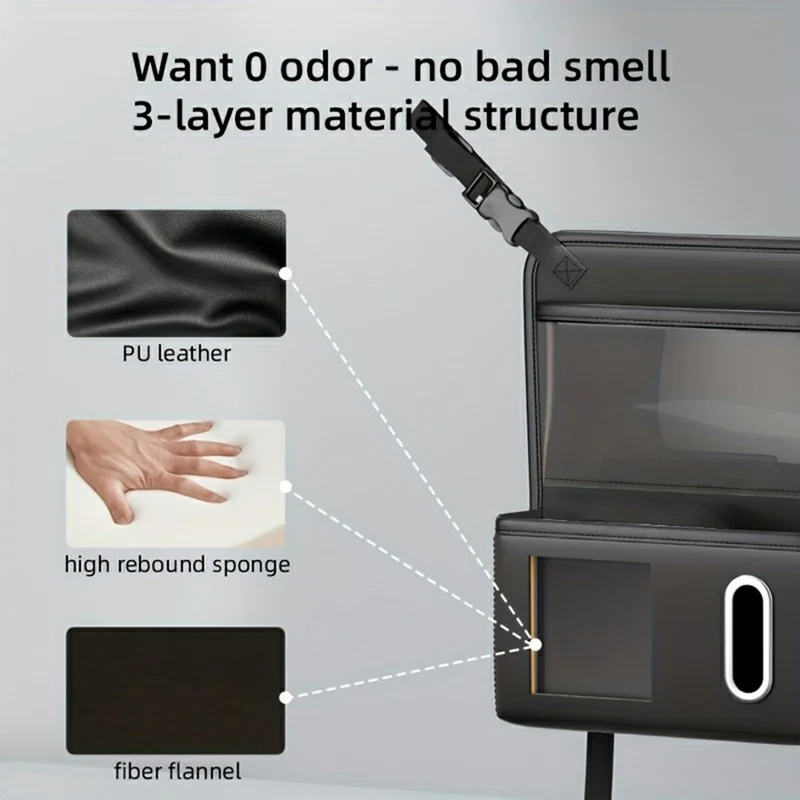 Sac organisateur arrière de siège de voiture avec fenêtre tactile transparente en cuir PU, sac suspendu à plusieurs poches avec porte-mouchoirs - Noir