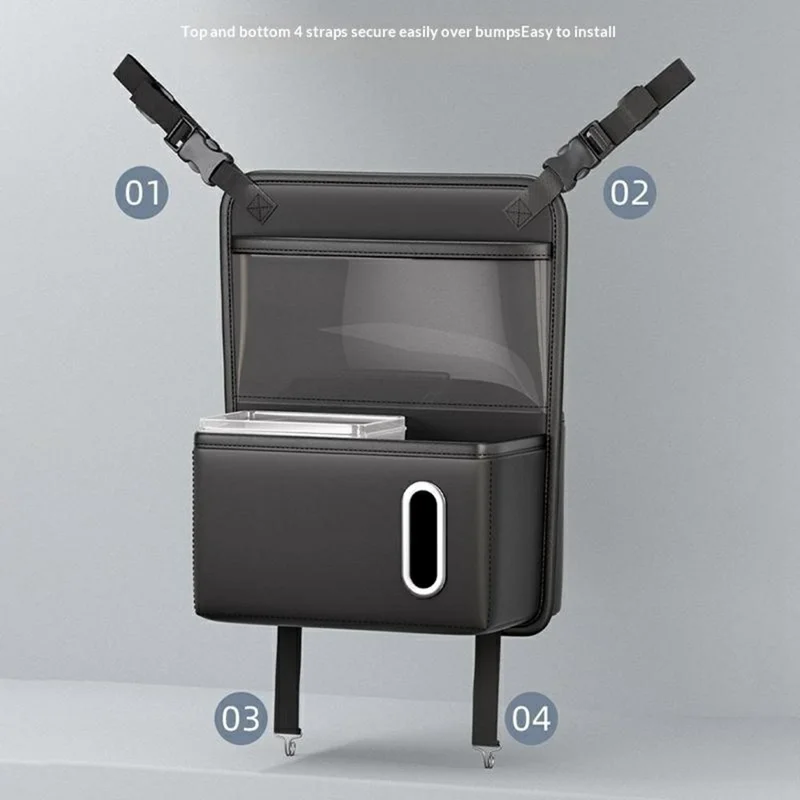Sac organisateur arrière de siège de voiture avec fenêtre tactile transparente en cuir PU, sac suspendu à plusieurs poches avec porte-mouchoirs - Noir