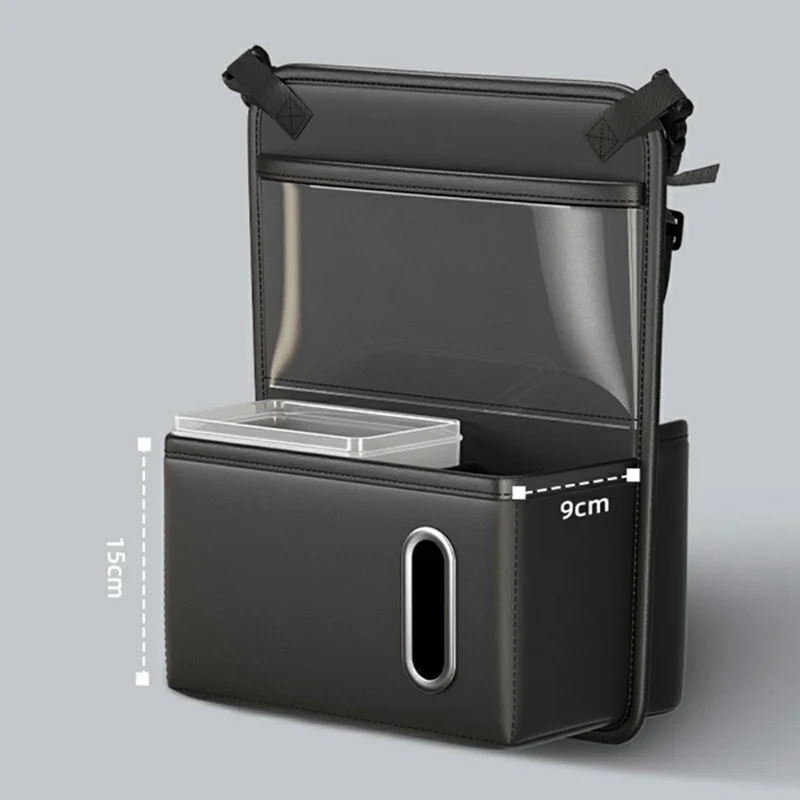 Sac organisateur arrière de siège de voiture avec fenêtre tactile transparente en cuir PU, sac suspendu à plusieurs poches avec porte-mouchoirs - Noir