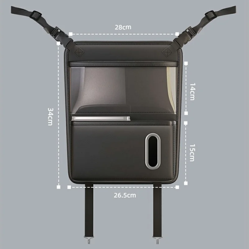 Sac organisateur arrière de siège de voiture avec fenêtre tactile transparente en cuir PU, sac suspendu à plusieurs poches avec porte-mouchoirs - Noir