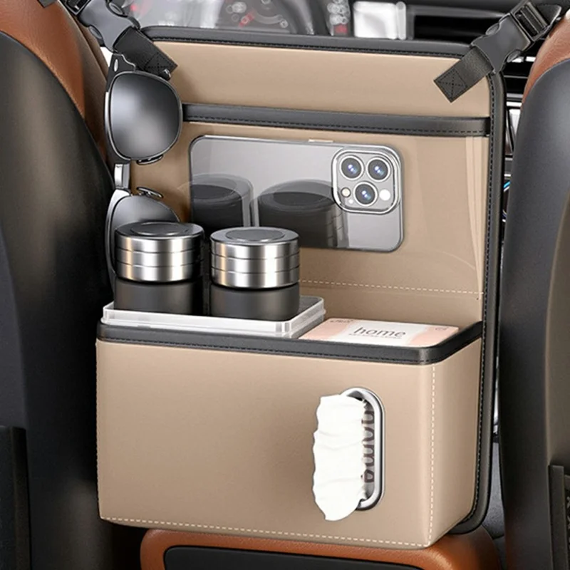 Bolsa organizadora trasera para asiento de coche con ventana táctil transparente, bolsa colgante de cuero PU con múltiples bolsillos y portapañuelos - Beige