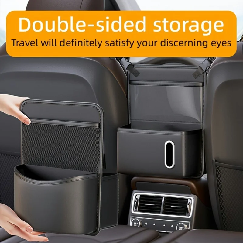 Bolsa organizadora trasera para asiento de coche con ventana táctil transparente, bolsa colgante de cuero PU con múltiples bolsillos y portapañuelos - Beige