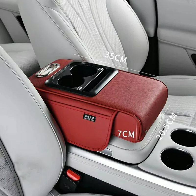 Almohadilla de reposabrazos para consola central de coche en cuero PU, cojín elevado con portavasos y puerto de carga - Rojo