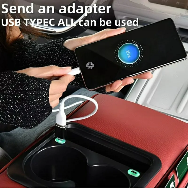 Almohadilla de reposabrazos para consola central de coche en cuero PU, cojín elevado con portavasos y puerto de carga - Rojo