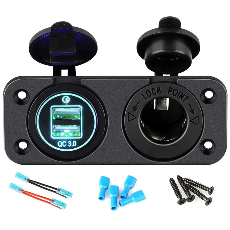 QC3.0 Dual USB Car Charger Panel with Cigarette Lighter Socket for 12V-24V RV Boat Motorcycle - Green