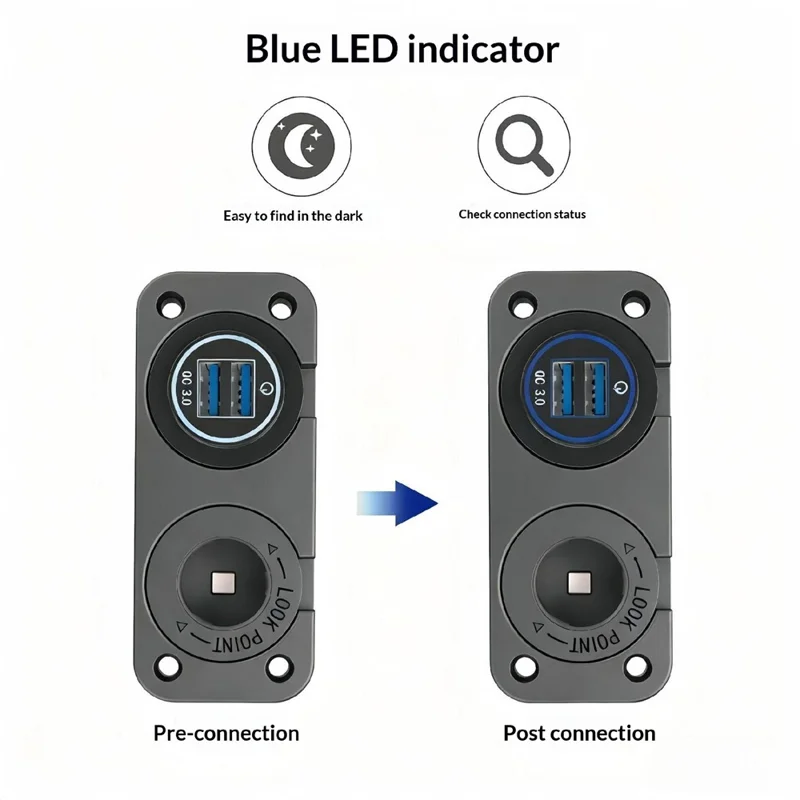 QC3.0 Dual USB Car Charger Panel with Cigarette Lighter Socket for 12V-24V RV Boat Motorcycle - Green