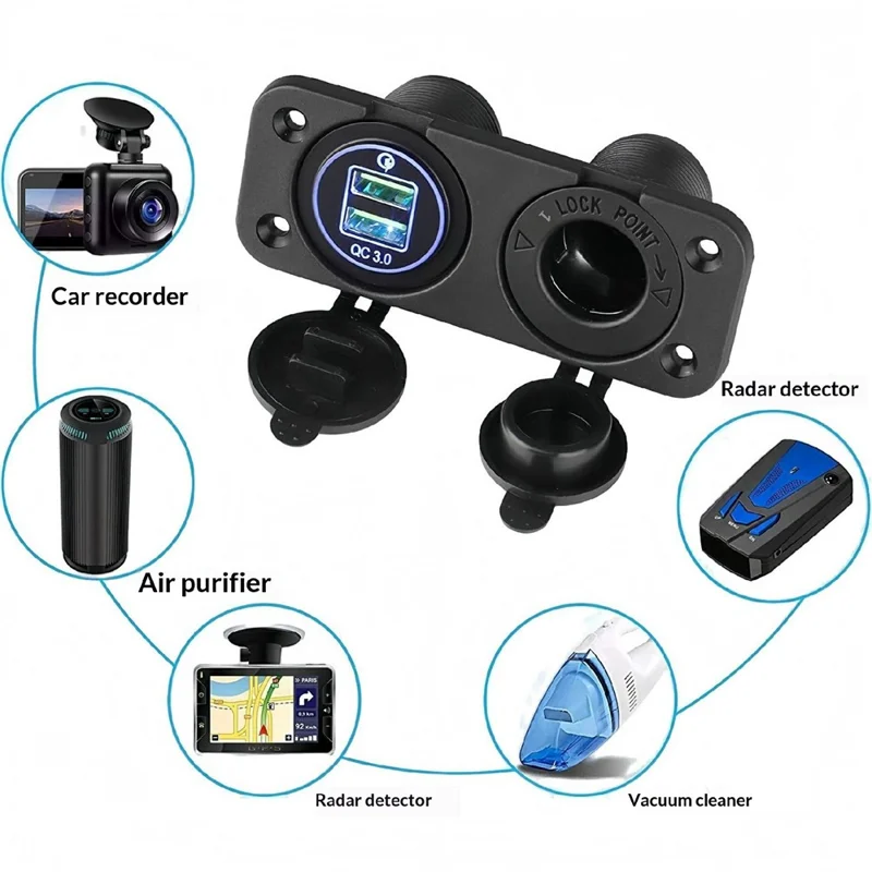 QC3.0 Dual USB Car Charger Panel with Cigarette Lighter Socket for 12V-24V RV Boat Motorcycle - Green