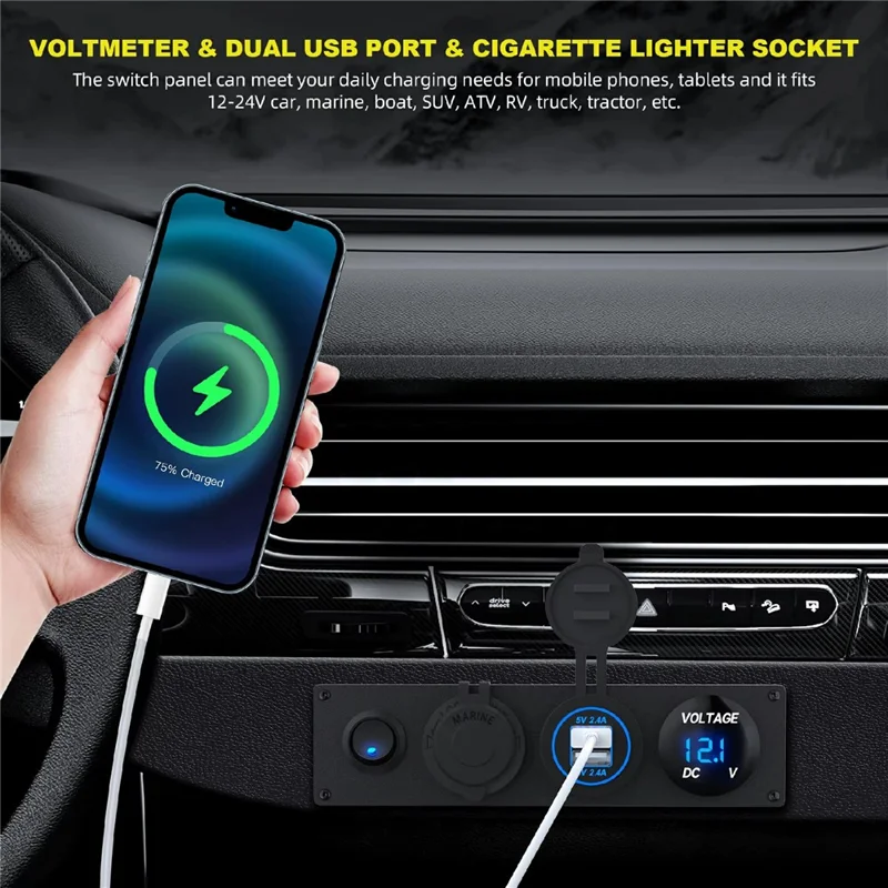 Dual USB Cigarette Lighter Socket Panel Digital Voltmeter with Switch for 12V-24V Marine Boat RV Truck