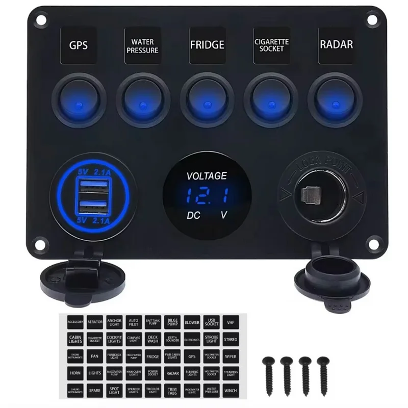 5 Gang Switch Panel with Voltmeter Dual USB Car Charger Cigarette Lighter Socket for RV Marine Boat - Blue