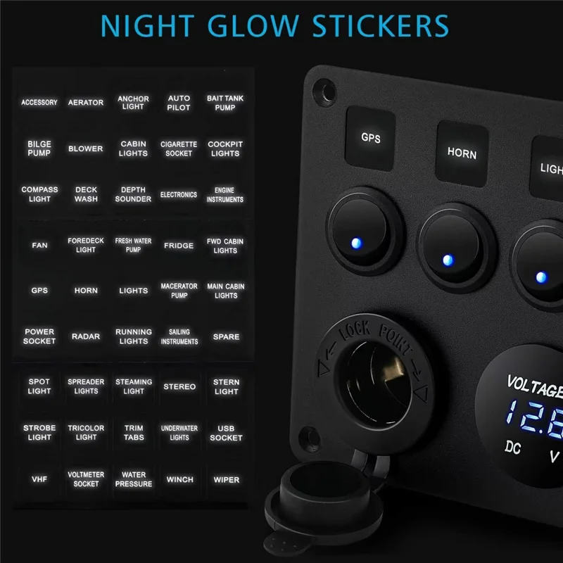 5 Gang Switch Panel with Voltmeter Dual USB Car Charger Cigarette Lighter Socket for RV Marine Boat - Blue