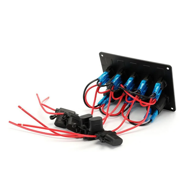 5 Gang Switch Panel with Voltmeter Dual USB Car Charger Cigarette Lighter Socket for RV Marine Boat - Blue