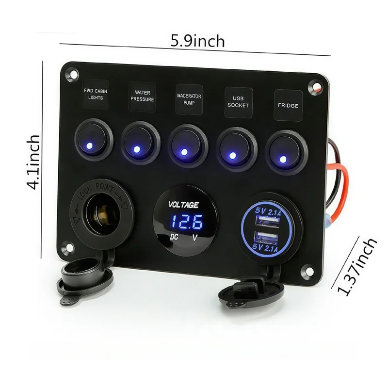 5 Gang Switch Panel with Voltmeter Dual USB Car Charger Cigarette Lighter Socket for RV Marine Boat - Blue