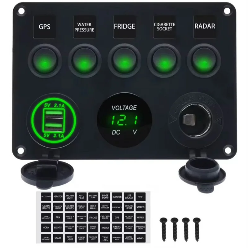 5-позиционная переключательная панель с вольтметром, двойным USB-зарядным устройством и гнездом прикуривателя для автофургона, морского судна, лодки - зеленая