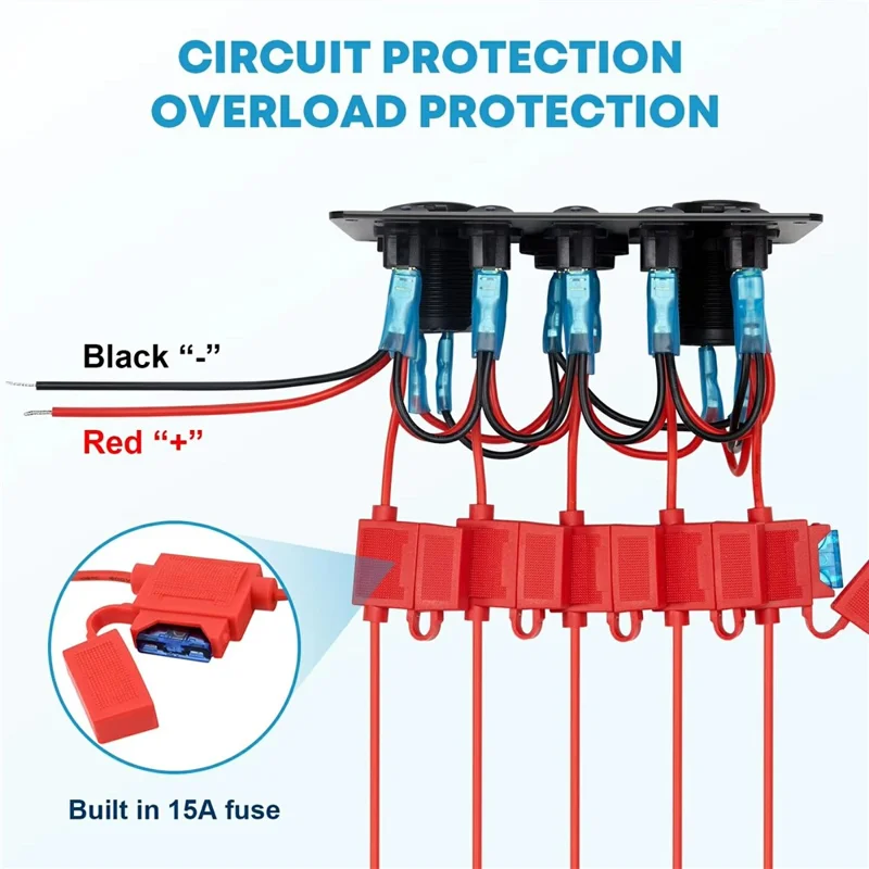 5-позиционная переключательная панель с вольтметром, двойным USB-зарядным устройством и гнездом прикуривателя для автофургона, морского судна, лодки - зеленая