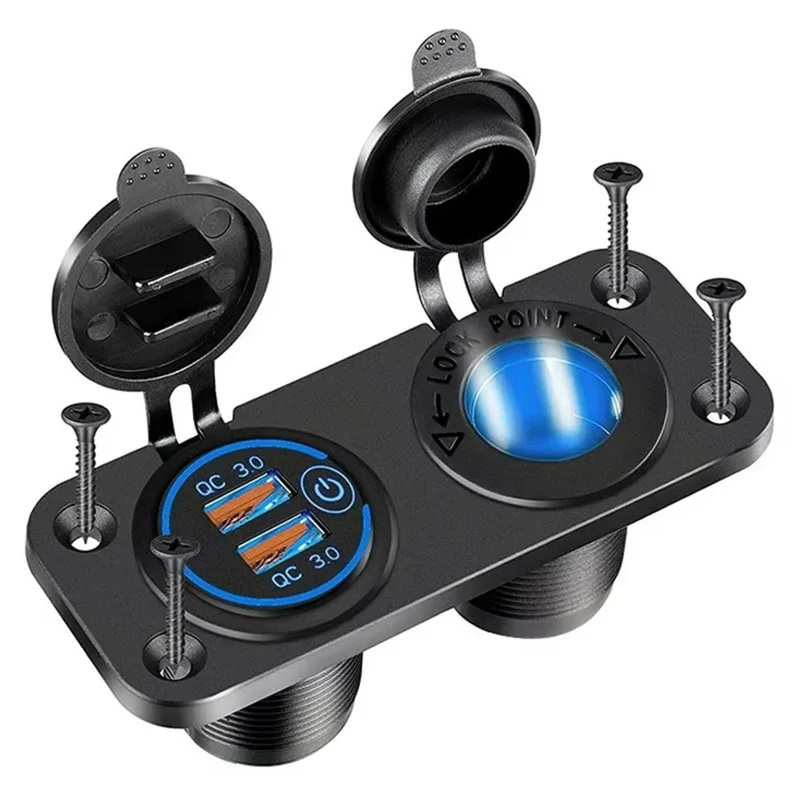 12V USB Car Cigarette Lighter Socket Dual QC3.0 Fast Charging Splitter Charging Adapter for Car Boat RV - Blue