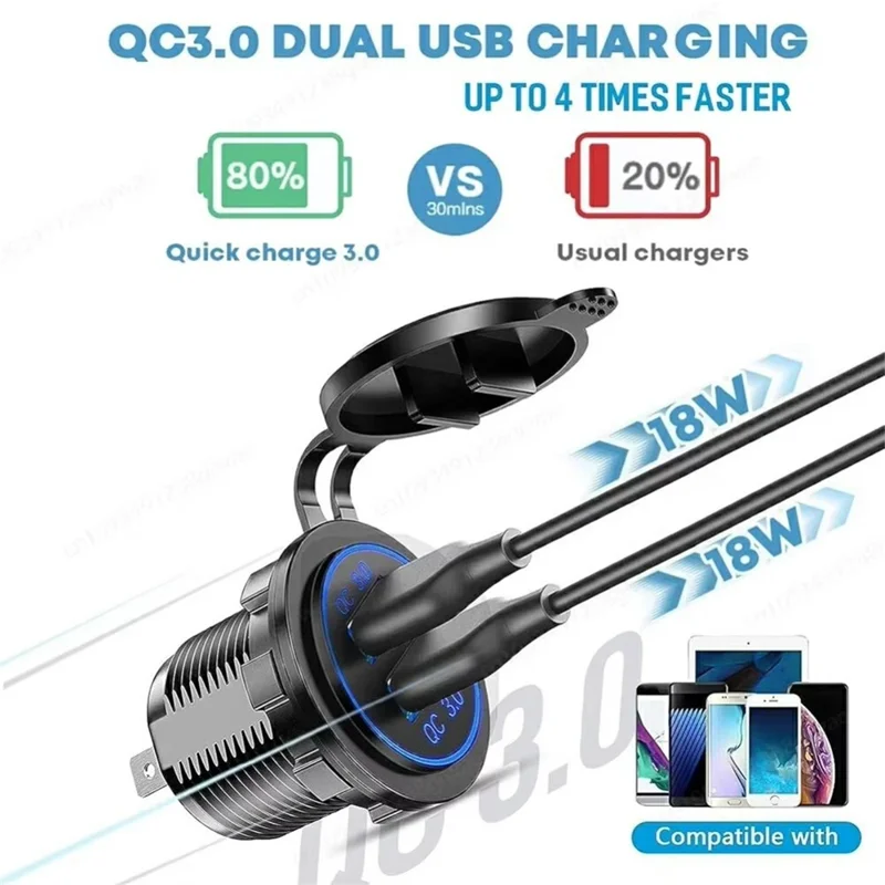 12V USB Car Cigarette Lighter Socket Dual QC3.0 Fast Charging Splitter Charging Adapter for Car Boat RV - Blue