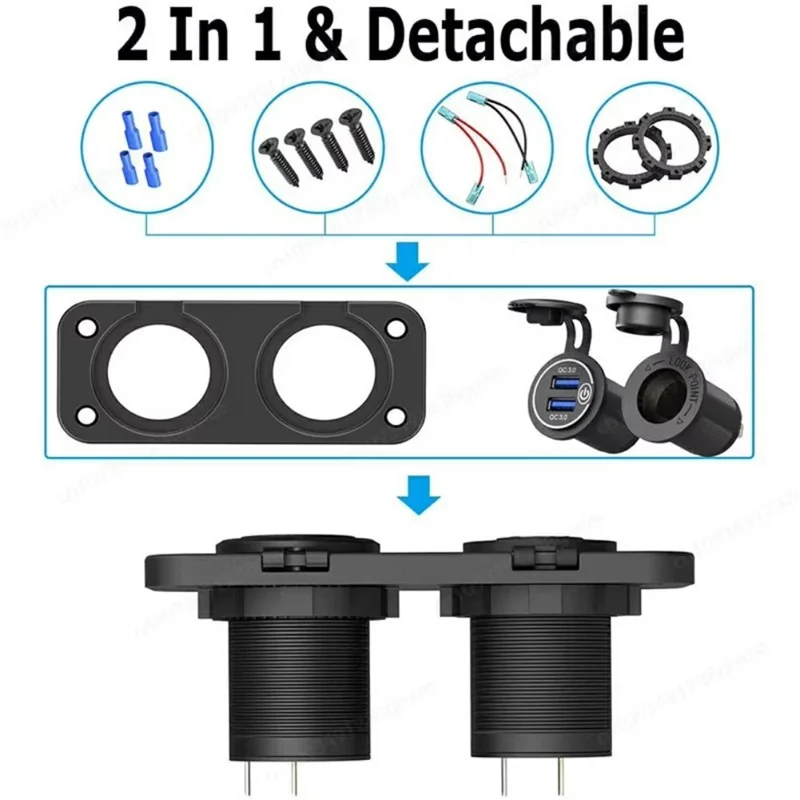 12V USB Car Cigarette Lighter Socket Dual QC3.0 Fast Charging Splitter Charging Adapter for Car Boat RV - Blue