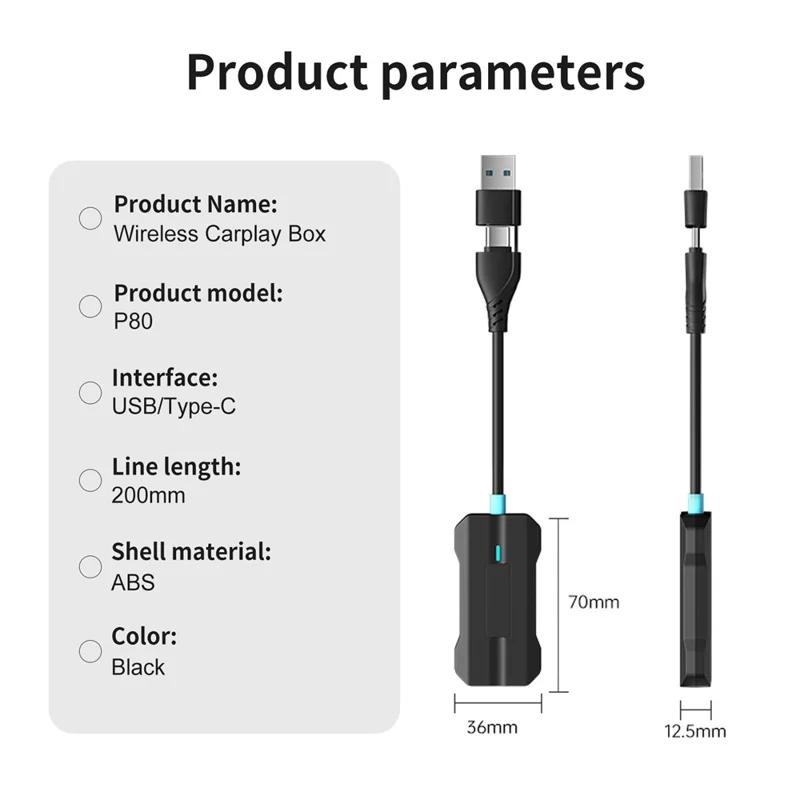 LEMORELE P80 USB / Type-C Wired to Wireless CarPlay Box Bluetooth-compatible WiFi Android Auto Converter - Black
