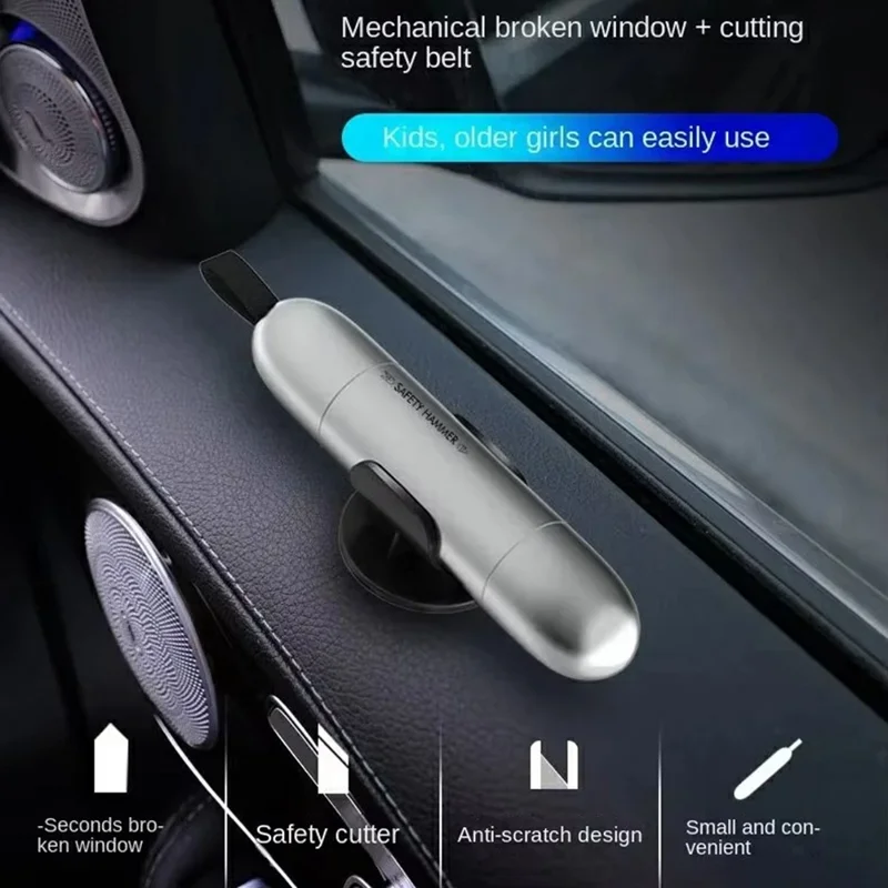 Car Safety Hammer Emergency Escape Tool Tungsten Steel Window Breaker Seatbelt Cutter - Silver