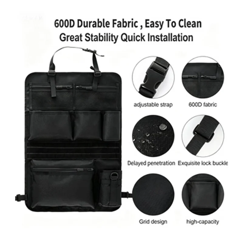 600D Oxford Fabric Car Seat Back Hanging Organizer Multi Pocket Storage Bag for SUV - Black