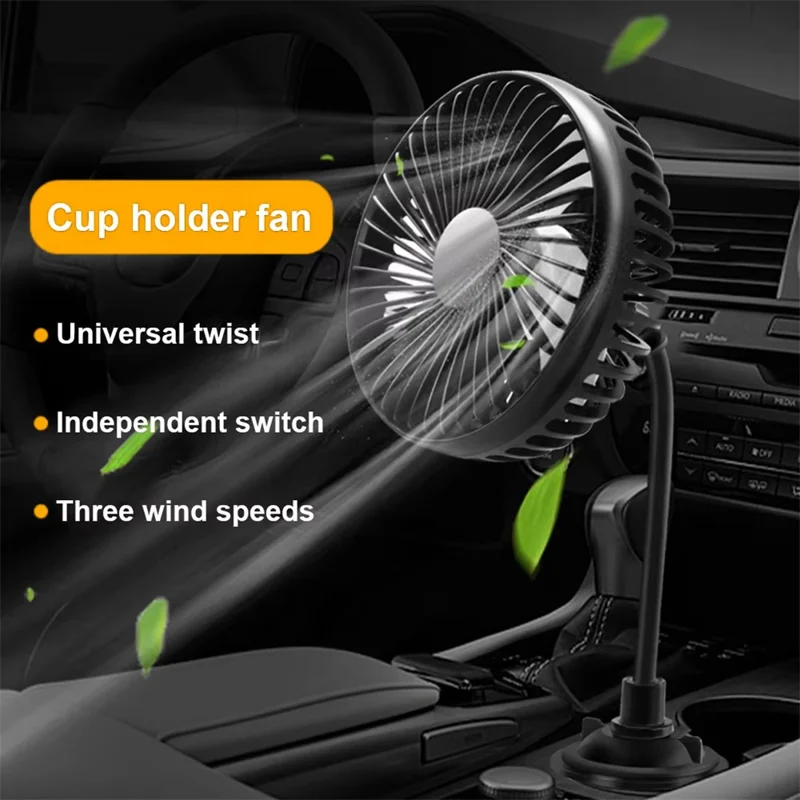 Ventilador USB para Coche con Soporte para Portavasos, Ventilador de Enfriamiento Silencioso Ajustable de 3 Velocidades para Camión SUV - Negro