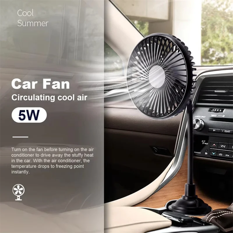 Ventilador USB para Coche con Soporte para Portavasos, Ventilador de Enfriamiento Silencioso Ajustable de 3 Velocidades para Camión SUV - Negro