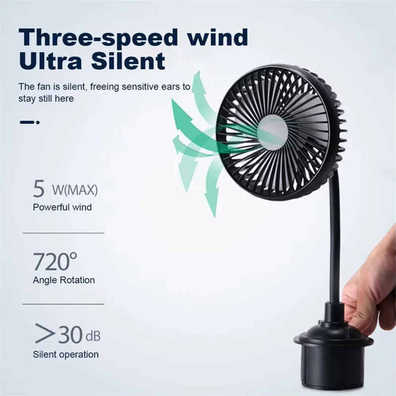 Ventilador USB para Coche con Soporte para Portavasos, Ventilador de Enfriamiento Silencioso Ajustable de 3 Velocidades para Camión SUV - Negro